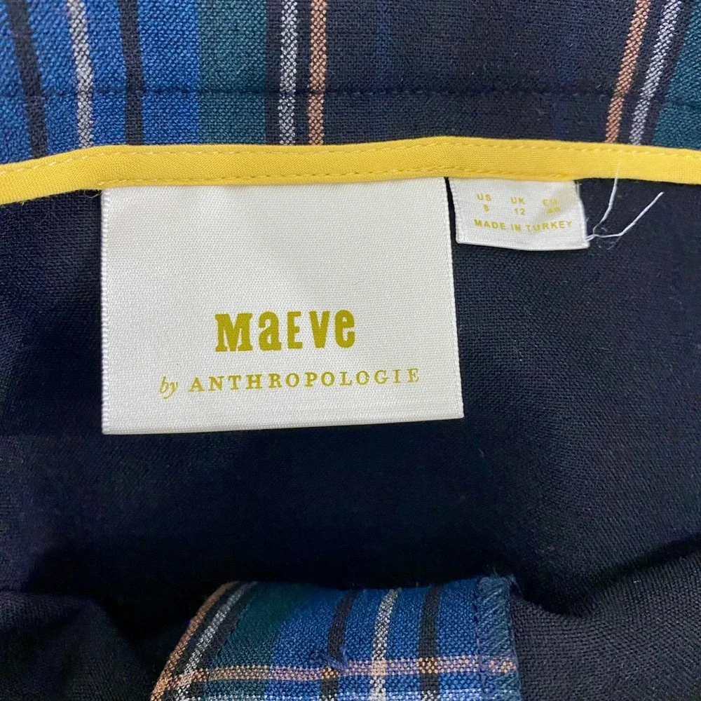 Anthropologie Maeve Plaid Belted‎ Button Front Skirt Sz 8 Blue Green Tartan Midi